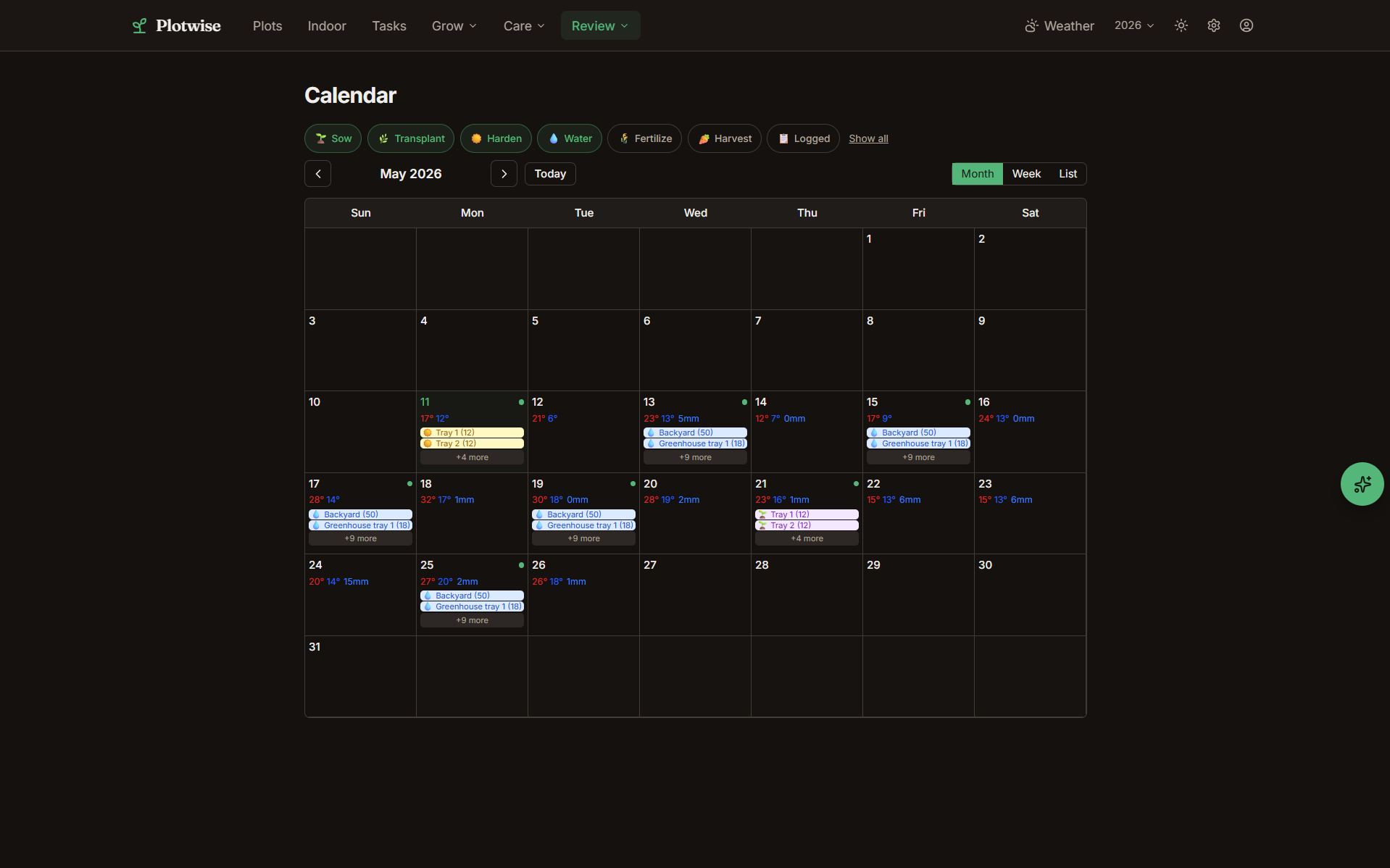 Plotwise calendar view showing planting windows and recurring task pills