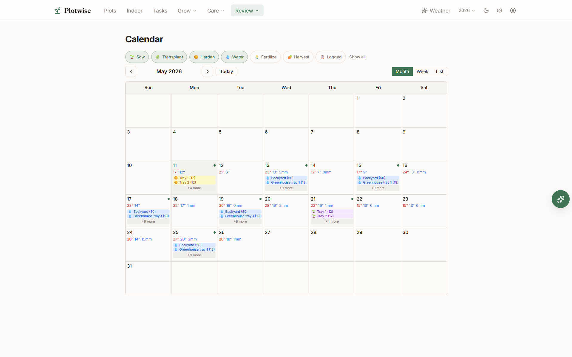 Plotwise calendar view showing planting windows and recurring task pills