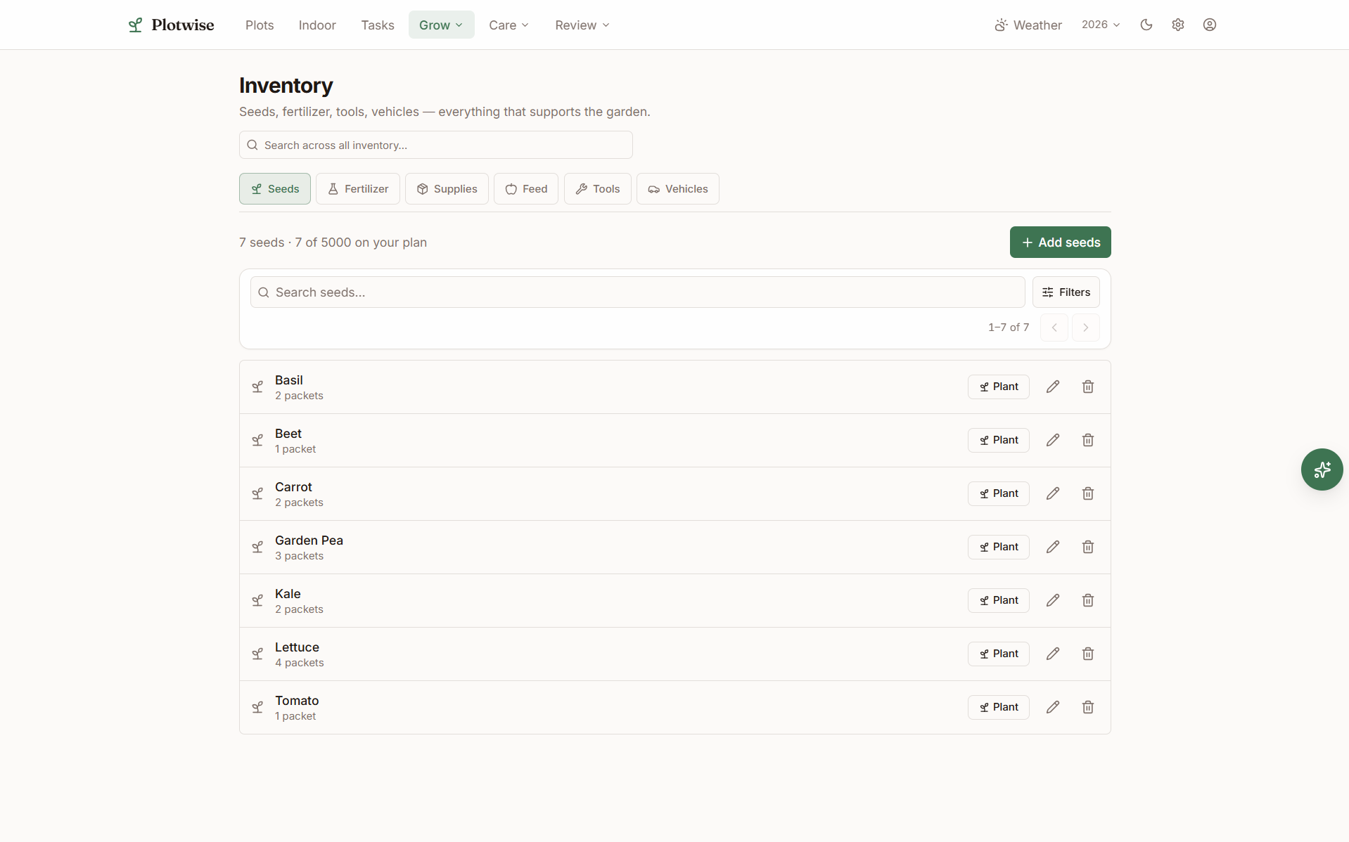 Plotwise seed inventory with germination-rate learning and packet tracking