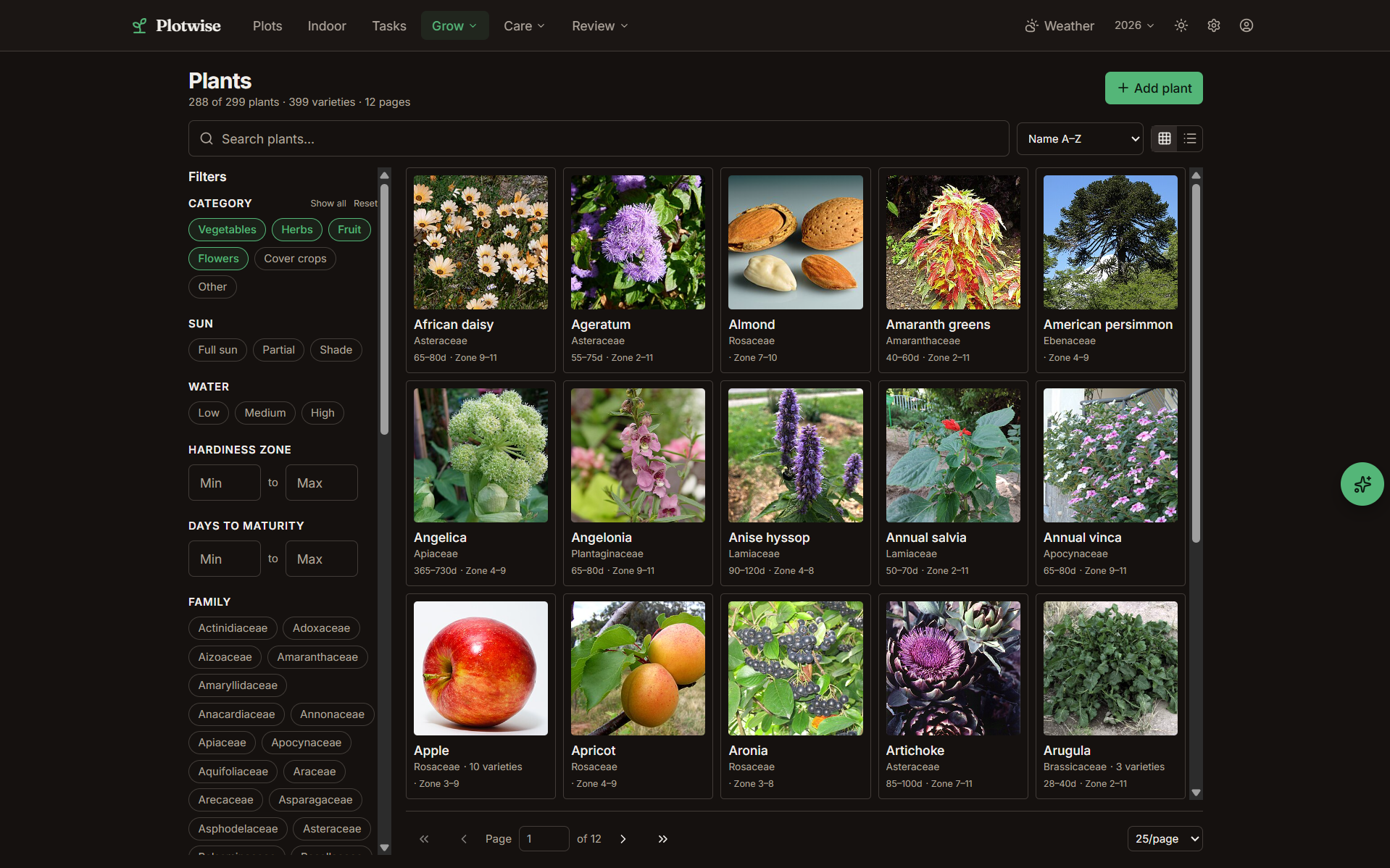 Plotwise plant catalog with per-plant sun requirements, companion badges, and lifecycle windows