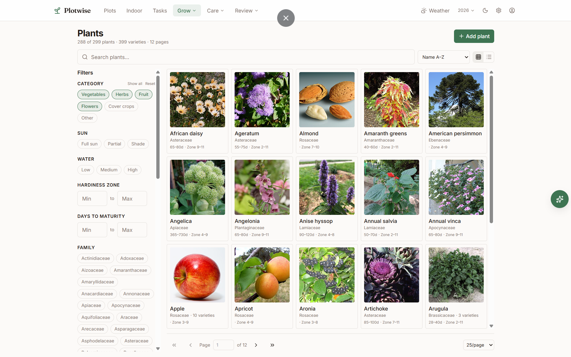 Plotwise plant catalog with per-plant sun requirements, companion badges, and lifecycle windows