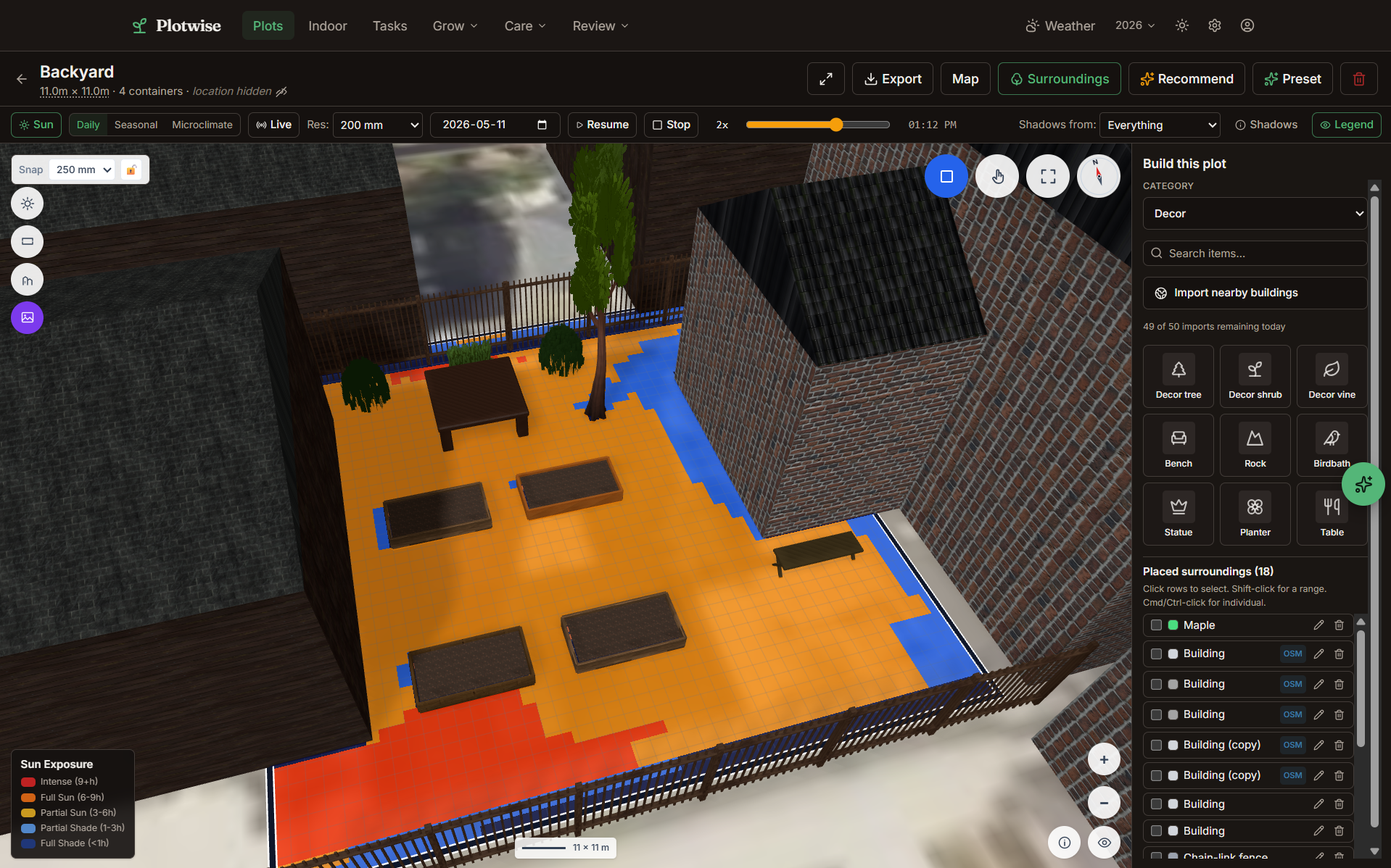 Plotwise 3D plot canvas with the sun heatmap overlay and building shadows