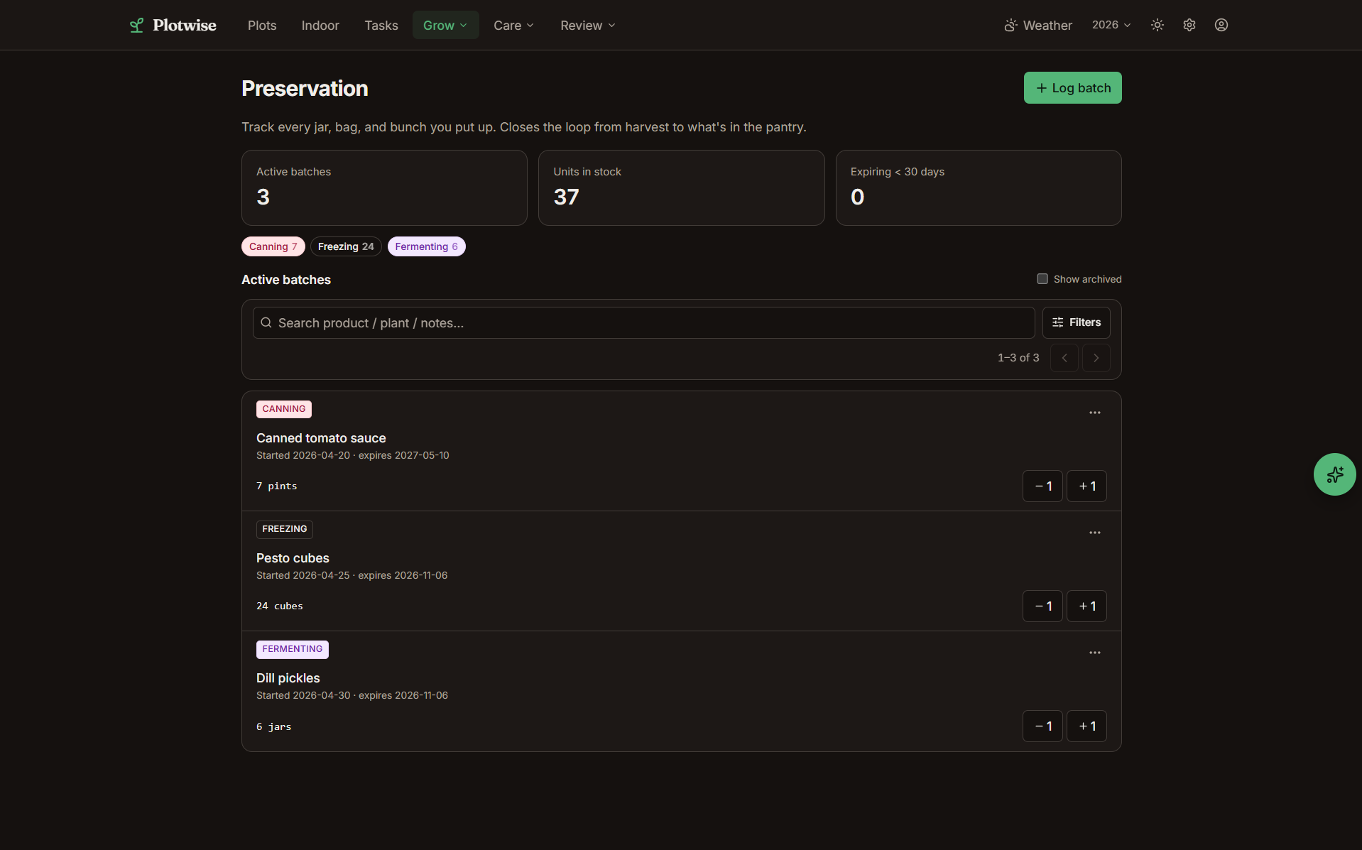 Plotwise preservation tracker listing canning and freezing batches with expiry dates