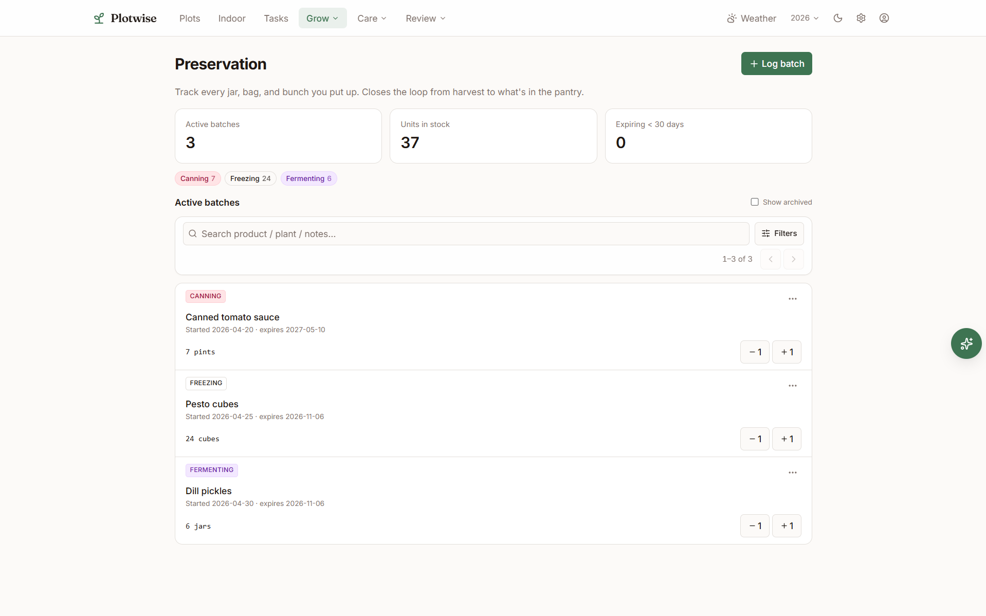 Plotwise preservation tracker listing canning and freezing batches with expiry dates