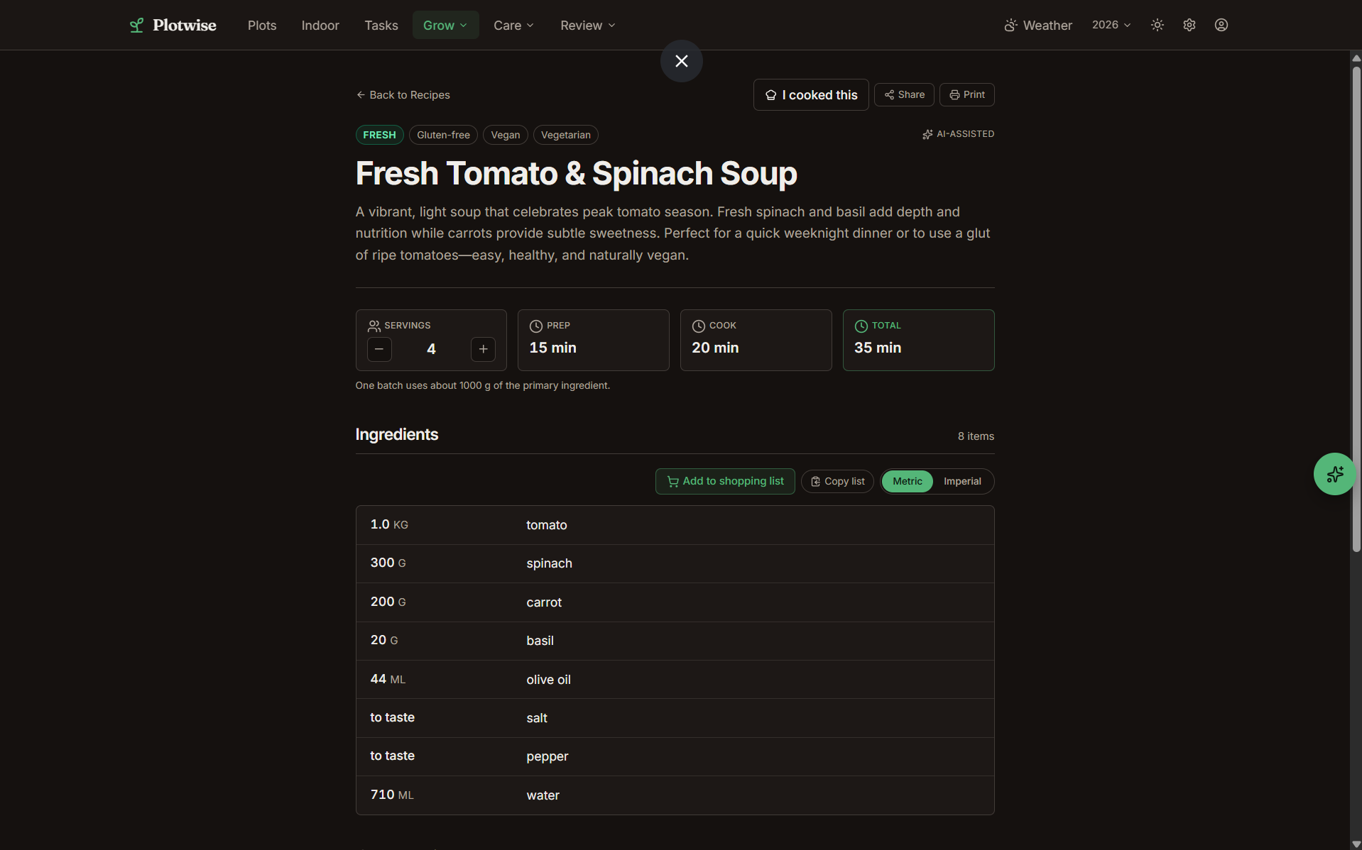 Plotwise recipe detail view with structured ingredients, prep times, and dietary tags