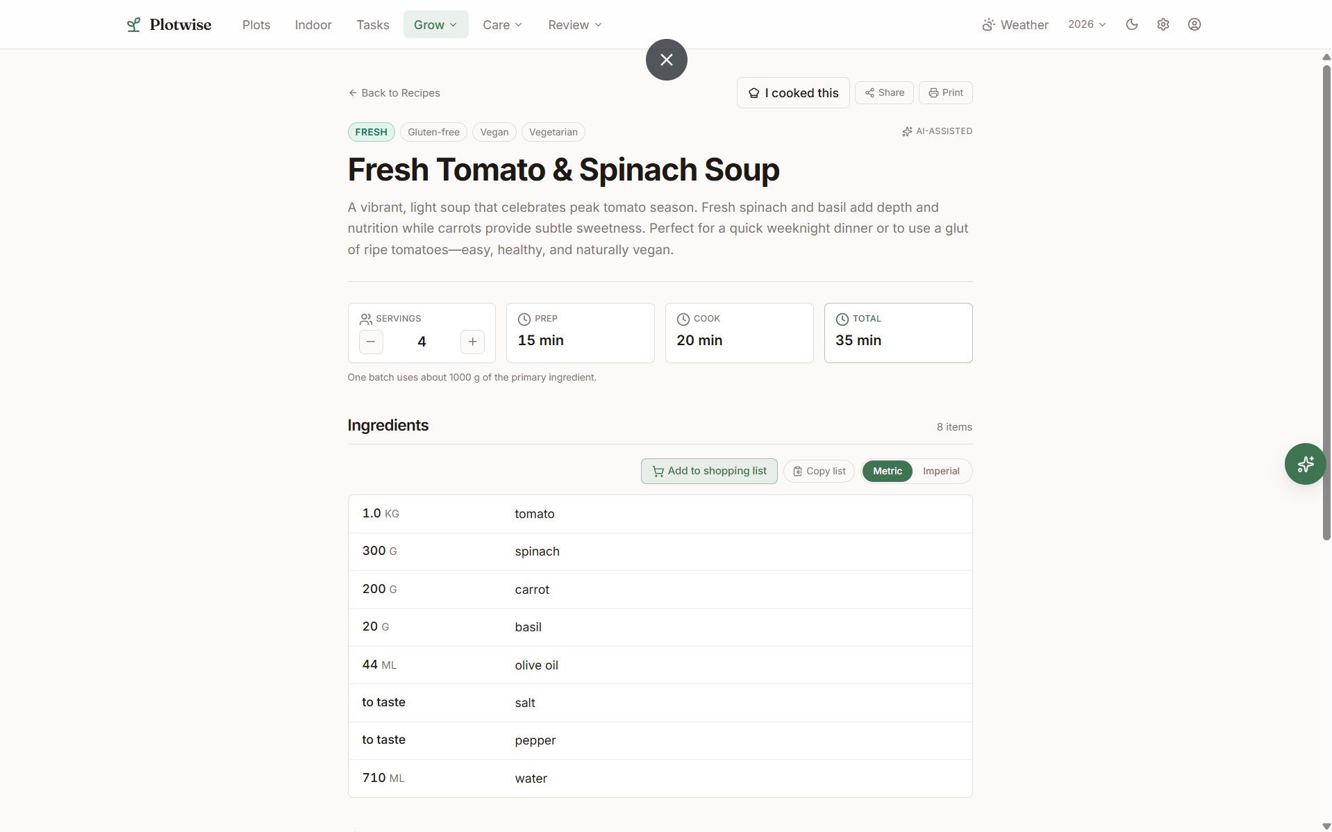 Plotwise recipe detail view with structured ingredients, prep times, and dietary tags