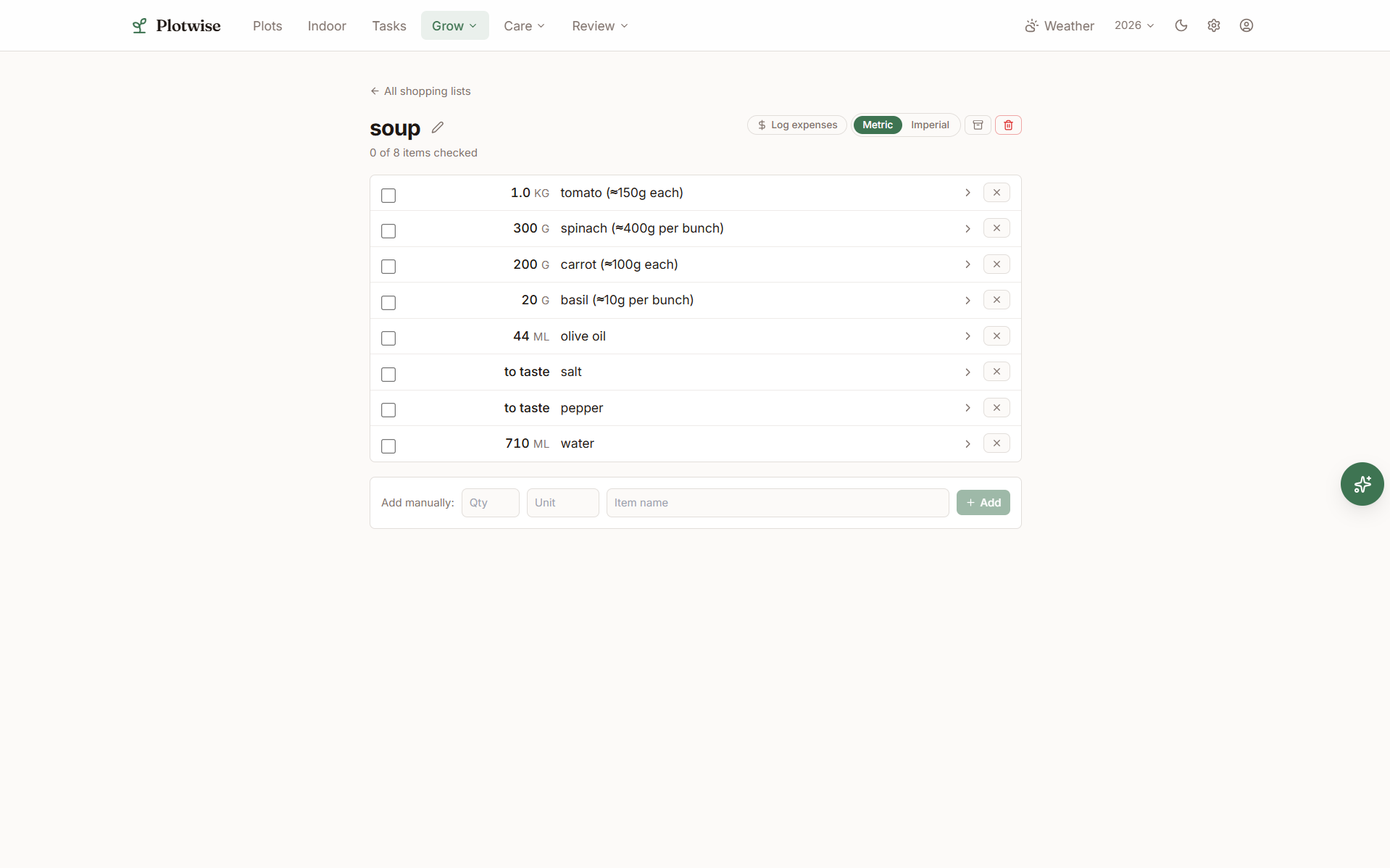 Plotwise shopping list with quantities and per-piece estimates, scaled from a recipe