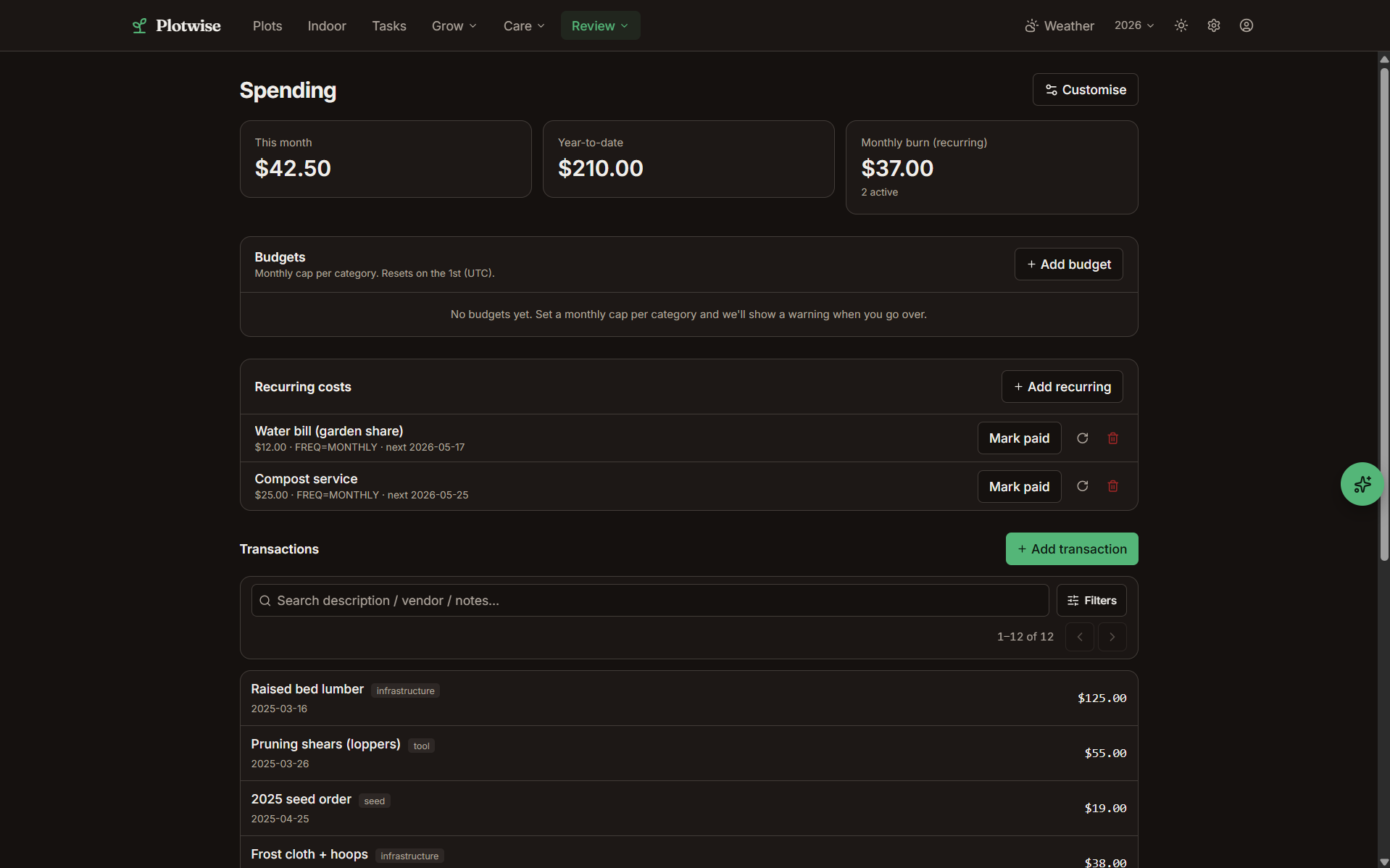 Plotwise spending tracker with monthly burn, recurring costs, and per-transaction categories