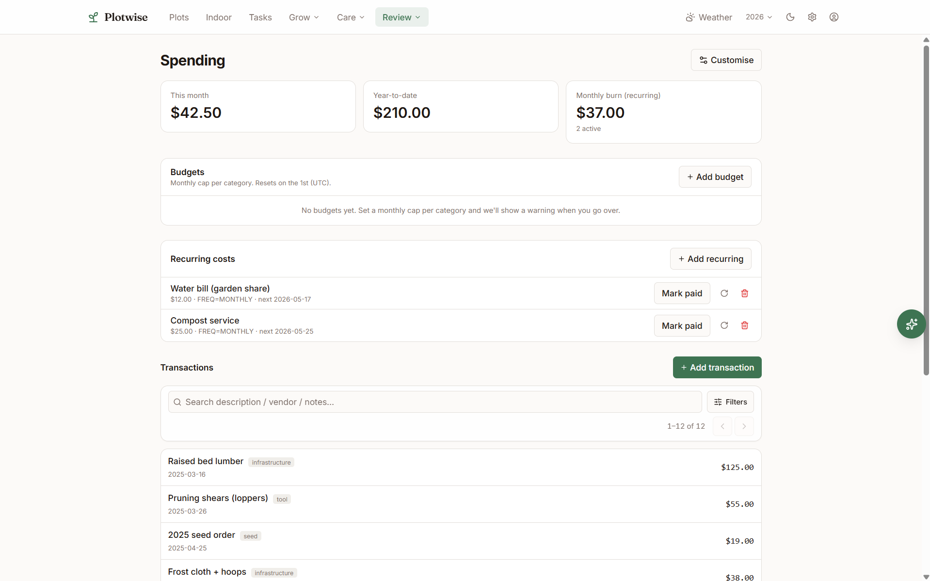 Plotwise spending tracker with monthly burn, recurring costs, and per-transaction categories